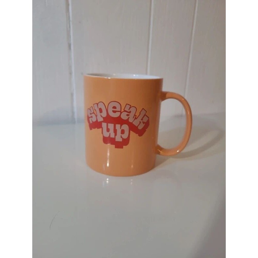 Coffee Mug Cup Speak Up Room Essentials Orange Bubble Letters 1970s Vibe 4"